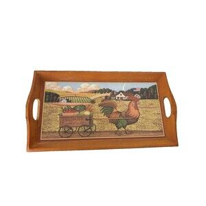 Decorative Americana Wooden Farm Tray featuring apple cart and rooster Vintage